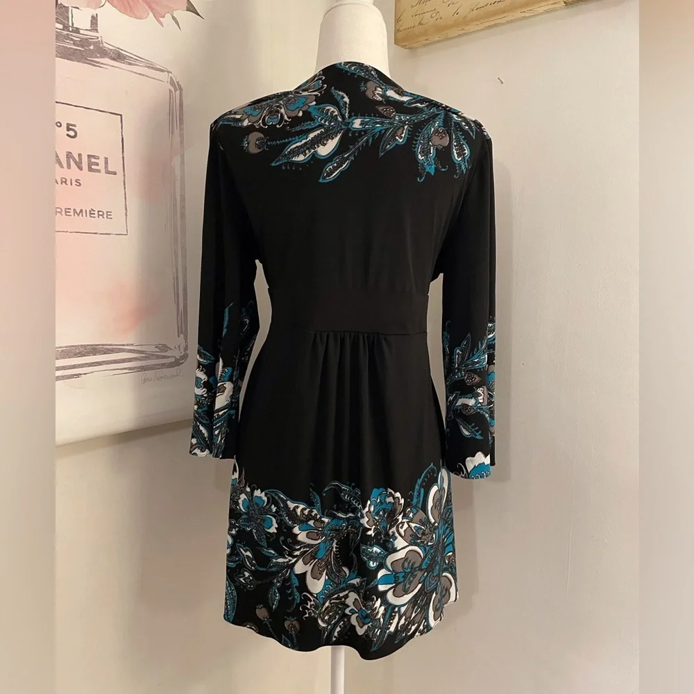 3 Quarter Length Sleeves Dress Black with Flower Design Size L